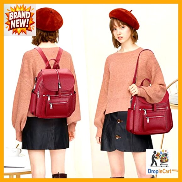 Genuine Leather Backpack Purse Fashion Casual Daypack with Multi Pockets Flap main image 6